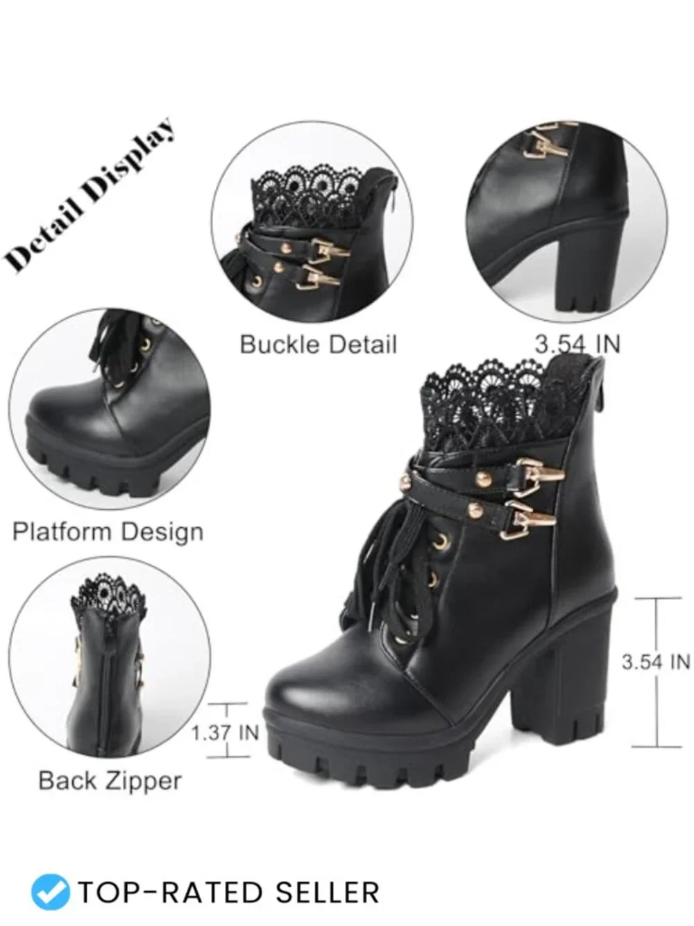 Chunky Platform Ankle Boots with Lace and Buckle, Side Zipper, PU Leather